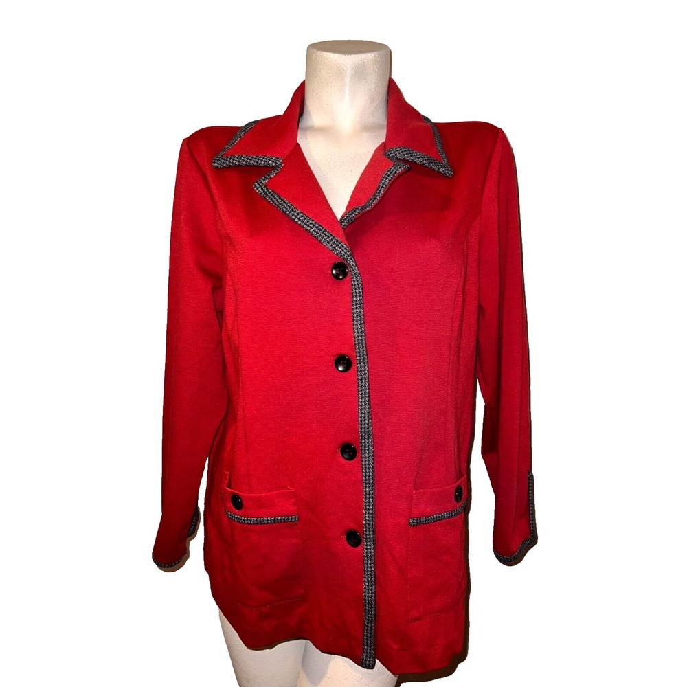 Drapers & Damons Red Knit Blazer Houndstooth Trim Button Front Jacket Womens L